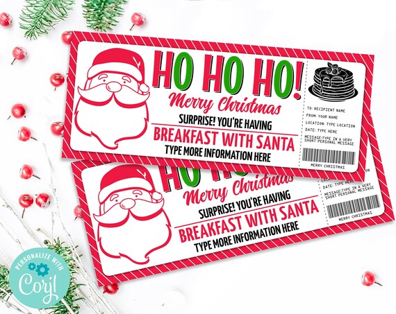 Breakfast with Santa Ticket, Pancakes with Santa, Photos with Santa,Santa Breakfast Ticket | Self-Edit with CORJL-INSTANT Download Printable
