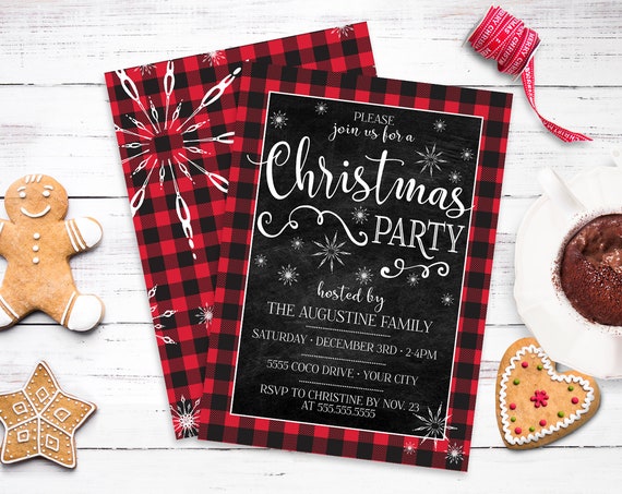 Christmas Party Invitation - Buffalo Plaid Christmas Party, Snowflake Christmas Invite | Self-Edit with CORJL - INSTANT DOWNLOAD Printable