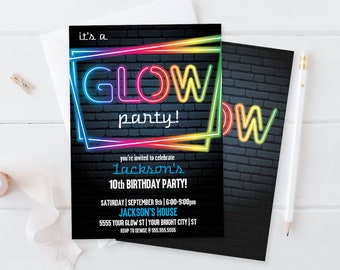 Neon Glow Party Invitation - Neon Glow Birthday, Glow Party Theme, blue | Self-Editing with CORJL - INSTANT DOWNLOAD Printable Template