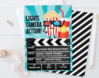 Movie Party Invitation - Movie Birthday Party Invite, Cinema Birthday | Self-Edit with CORJL - INSTANT DOWNLOAD Printable Template