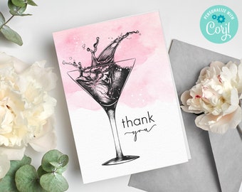 Sip Sip Hooray Bridal Shower Thank You Cards - Cocktail Note Card, Girl's Night | Self-Edit with CORJL - INSTANT DOWNLOAD Printable