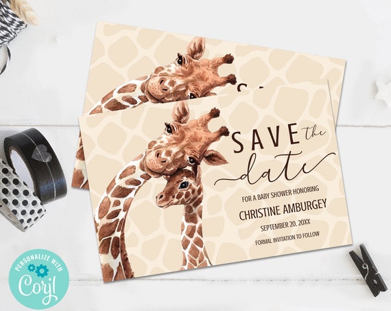 Giraffe Baby Shower Save the Date Cards, Safari Shower, Save the Date Shower | Self-Editing with CORJL - INSTANT DOWNLOAD Printable