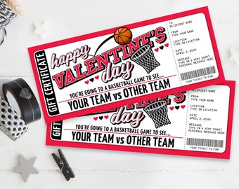 May include: A printable Valentine's Day gift certificate with a basketball theme. The certificate is red with white and black text. It says "Happy Valentine's Day" and "You're going to a basketball game to see... Your team vs other team".