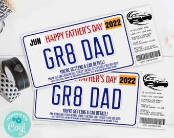 Father's Day Car Detailing Gift Certificate,License Plate Car Detail Surprise Gift Voucher | Self-Edit with CORJL-INSTANT DOWNLOAD Printable
