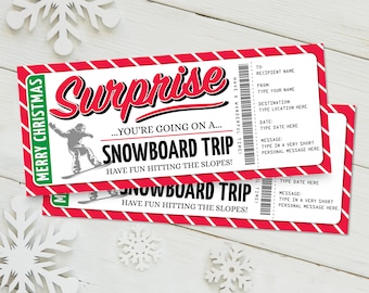Billet de voyage de snowboard de Noël - Chèque cadeau surprise, vacances au ski | Personnaliser avec CORJL - TÉLÉCHARGEMENT INSTANTANÉ Imprimable