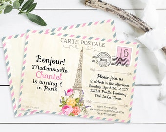 Paris Postcard Invitation - Paris Birthday , Postcard to Paris, First Birthday | Self-Edit with CORJL - INSTANT DOWNLOAD Printable Template