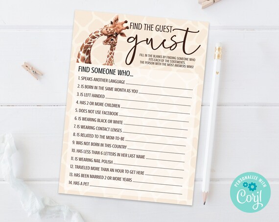 Giraffe Baby Shower Find the Guest Game, Shower Games, Party Games  | Self-Edit with CORJL - Instant DOWNLOAD Printable