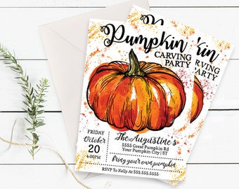 May include: A fall-themed invitation with a watercolor pumpkin illustration. The text reads "Pumpkin Carving Party" with event details: Friday, October 20, 4:00 PM. Includes "Bring your own pumpkin" and RSVP information. "Instant Download" text is also present.