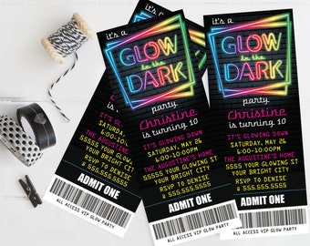Neon Glow Party Ticket Invitation - Neon Glow Birthday, Glow Party Theme, pink | Self-Edit with CORJL - INSTANT DOWNLOAD Printable Template