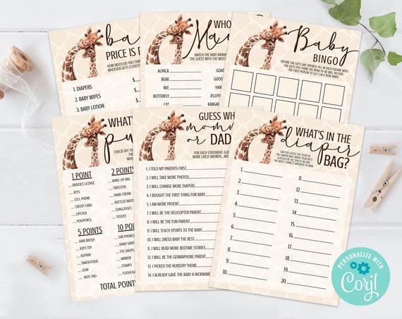 Giraffe Baby Shower Game Bundle - SIX Baby Shower Games Set-#2 | Self-Edit with CORJL - INSTANT Download Printable