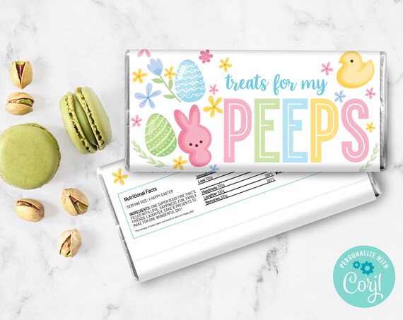 Easter 4.4oz Candy Bar Wrapper/Label - Treats For My Peeps, Spring Label | Self-Edit with CORJL - INSTANT DOWNLOAD Printable Template