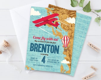 Retro Airplane, Hot Air Balloon, Aviator, Map Plane Party Invite,1st Birthday | Self-Edit with CORJL - INSTANT DOWNLOAD Printable Template