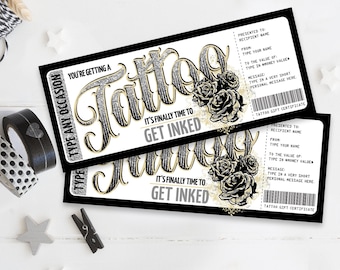 Tattoo Gift Certificate - Rose Design - Get Inked Gift Card Voucher | You Personalize with CORJL - INSTANT DOWNLOAD Printable
