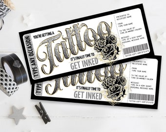 Tattoo Gift Certificate - Rose Design - Get Inked Gift Card Voucher | You Personalize with CORJL - INSTANT DOWNLOAD Printable