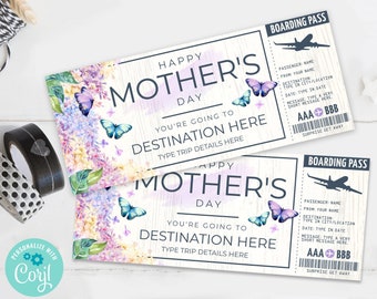 Butterfly Mother's Day Boarding Pass,Surprise Trip Voucher,Vacation Gift Certificate| You Personalize using CORJL–INSTANT Download Printable