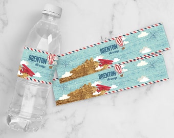 Aviator, Airplane, Hot Air Balloon Water Bottle Labels, Retro Aviator, Map, Plane | Self-Edit Text with CORJL - INSTANT Download Printable