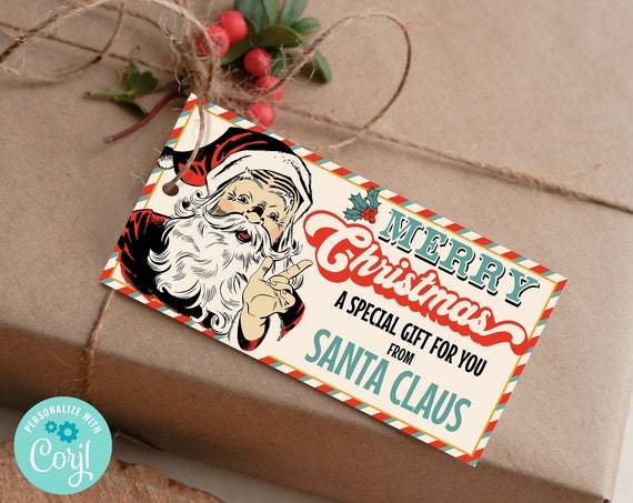 Retro Santa Gift Tag,Gift From Santa,Christmas Gift Tag,Homemade Treat Tag,Special Delivery |Self-Edit with CORJL-INSTANT Download Printable