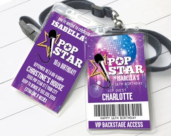 Pop Star Party VIP Badge Invitation,Party like a Pop Star,Rock n Roll,All Access | Self-Edit with CORJL INSTANT Download Printable Template