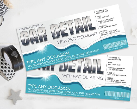 Car Detailing Gift Certificate, Car Detail Surprise Gift Voucher | Self-Edit with CORJL - INSTANT DOWNLOAD Printable Template
