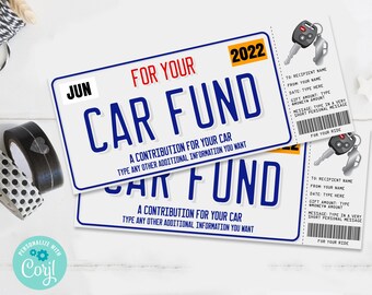 Car Fund Surprise Gift Voucher,License Plate Voucher,Gift Reveal,Gift Certificate | Self-Edit with CORJL - INSTANT DOWNLOAD Printable