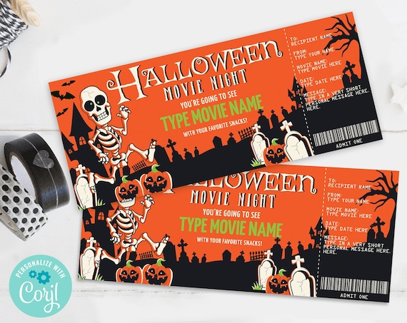 Halloween Movie Night Ticket, Gift Certificate, Movie Ticket, Surprise Ticket | Self-Edit with CORJL - INSTANT DOWNLOAD Printable