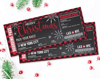 Christmas Boarding Pass Ticket - Surprise Trip Reveal, Flight, Holiday Fake Plane Ticket | Self-Edit with CORJL - INSTANT DOWNLOAD Printable