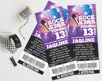 Rockstar Party Ticket Invitations - Party like a Rockstar- Rock n Roll Birthday | Self-Edit with CORJL - INSTANT DOWNLOAD Printable Template
