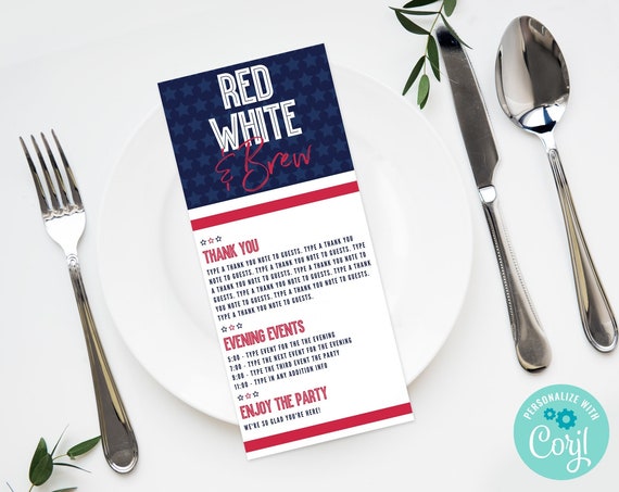 Red White & Brew 4x9 Itinerary/Menu, 4th Of July Program, Menu, Birthday Events | Self-Edit with CORJL - INSTANT Download Printable Template
