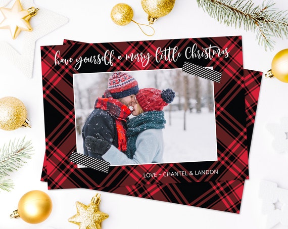 Christmas Photo Card - Have Yourself a Merry Christmas Plaid Card, Photo Greeting Card | Self-Edit with CORJL - INSTANT Download Printable