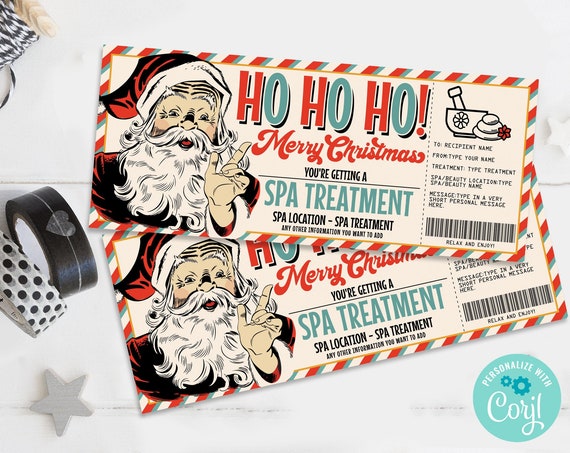 Christmas Spa Treatment Gift Certificate, Spa Day Surprise Gift Voucher,Vintage Santa| Self-Edit with CORJL - INSTANT DOWNLOAD Printable