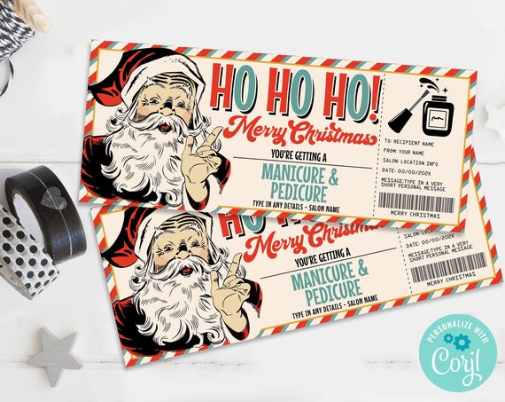 Christmas Manicure Pedicure Gift Certificate, Mani Pedi Gift Voucher,Retro Santa | Self-Edit with CORJL-INSTANT DOWNLOAD Printable
