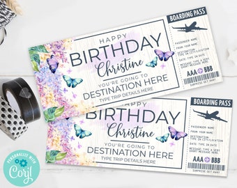 Birthday Boarding Pass Template - Surprise Fake Airline Ticket,Airplane Flight Destination | Edit with CORJL - INSTANT DOWNLOAD Printable