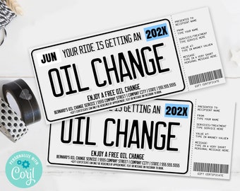 Oil Change Gift Certificate, License Plate Surprise Gift Voucher | Self-Edit with CORJL - INSTANT DOWNLOAD Printable Template