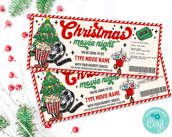 Retro Christmas Movie Ticket Gift Certificate, Movie Night Gift Voucher, Family Night | Self-Edit with CORJL-INSTANT DOWNLOAD Printable