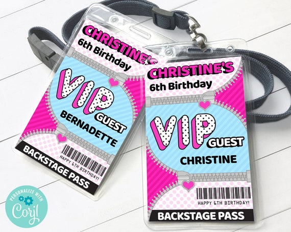 Girl's Glam VIP Badge, Backstage Pass, Glam Party Pass, Party Favors | Self-Edit with CORJL - INSTANT Download Printable Template
