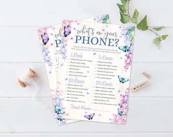 What's On Your Phone Game - Butterfly Baby Shower Game, Flower & Butterflies | Self-Edit with CORJL - INSTANT DOWNLOAD Printable