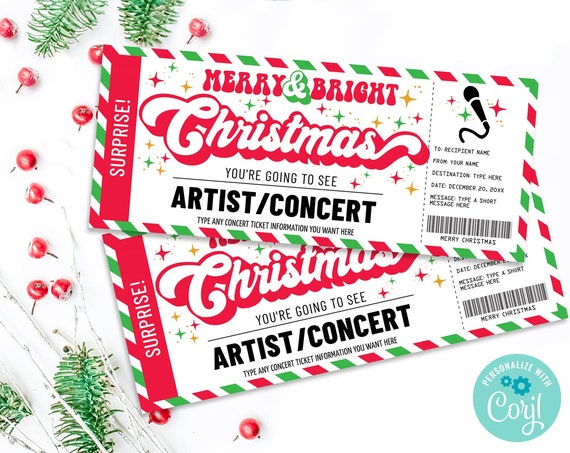 Christmas Concert Ticket Gift Certificate, Concert Surprise Gift Voucher,Merry & Bright | Self-Edit with CORJL-INSTANT DOWNLOAD Printable
