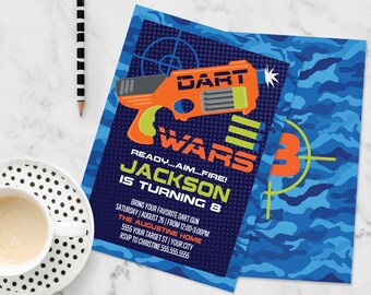 Dart Wars Invitation, Dart Wars Party, Dart Battle, Dart Gun, Target Party | Self-Edit with CORJL - INSTANT DOWNLOAD Printable Template