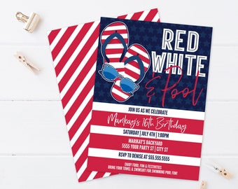 Editable Red White Pool Party - 4th Of July Birthday Invitation - Pool Party Birthday  | Self-Edit with CORJL - INSTANT Download Printable