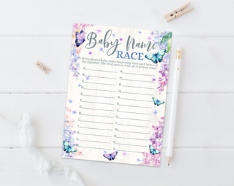 Baby Name Race Game - A-Z Baby Name Game,ABC Baby Name, Butterfly & Flowers Baby Shower | Self-Edit with CORJL - INSTANT Instant Printable