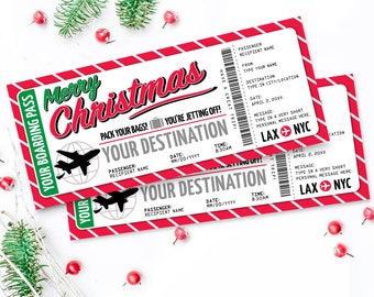 Boleto de tarjeta de embarque de Navidad - Revelación de viaje sorpresa, vuelo, boleto de avión falso de vacaciones / Autoedición con CORJL - DESCARGA INSTANTE Imprimible