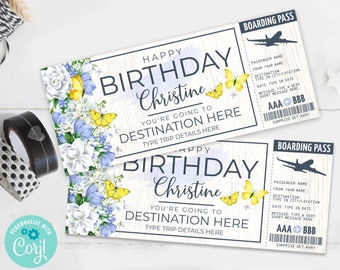 Birthday Boarding Pass Template - Surprise Fake Airline Ticket,Airplane Flight Destination | Edit with CORJL - INSTANT DOWNLOAD Printable