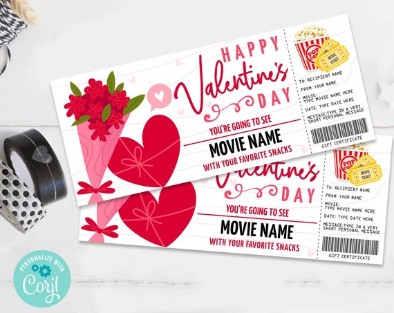 Valentine Movie Ticket Gift Certificate, Movie Night Surprise Surprise Ticket | Self-Edit with CORJL - INSTANT DOWNLOAD Printable
