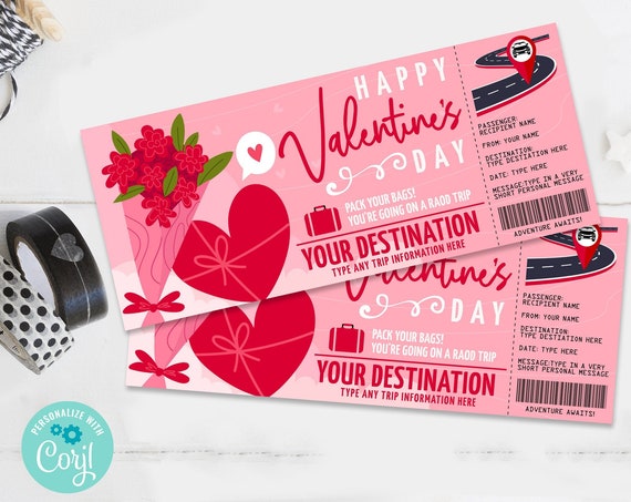 Valentine Road Trip Surprise Ticket Gift Voucher, Road Trip Vacation, Weekend Getaway | Self-Edit with CORJL - INSTANT DOWNLOAD Printable