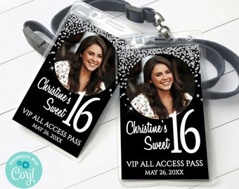 Sweet 16 VIP Badge, Sweet Sixteen VIP All Access Pass, Birthday Pass | Self-Edit with CORJL - Instant Download Printable Template