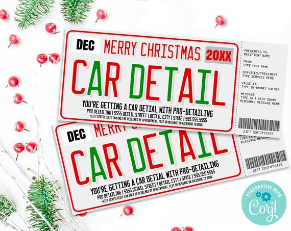 Car Detailing Gift Certificate, Christmas Gift, License Plate Car Detail Gift Voucher | Self-Edit with CORJL - INSTANT DOWNLOAD Printable