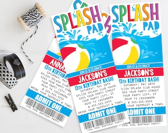 May include: A printable invitation for a 13th birthday party with a blue, red, and yellow beach ball design. The text on the invitation reads "Splash Pad 13th Birthday Bash!" and includes the date, time, and location of the party. The invitation also includes the text "RSVP to Cassandra 555-555-5555" and "Bring your swimsuit & towel".