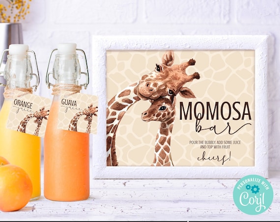 Giraffe Mom-osa Bar Sign - 8x10 Sign & Juice Tags, Baby Shower, Drink Sign and Tags | Self-Edit with CORJL - INSTANT Download Printable
