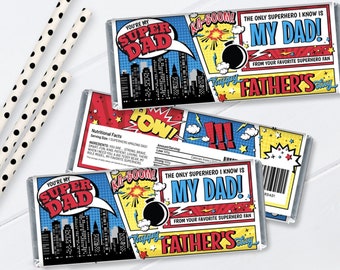 Father's Day Superhero Chocolate Bar Wrapper Template, Superdad Comic Candy Bar Label, Canva Editable Dad Gift, INSTANT DOWNLOAD Printable