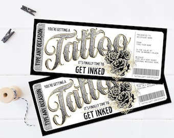 Tattoo Gift Certificate - Rose Design - Get Inked Gift Card Voucher | You Personalize with CANVA - INSTANT DOWNLOAD Printable